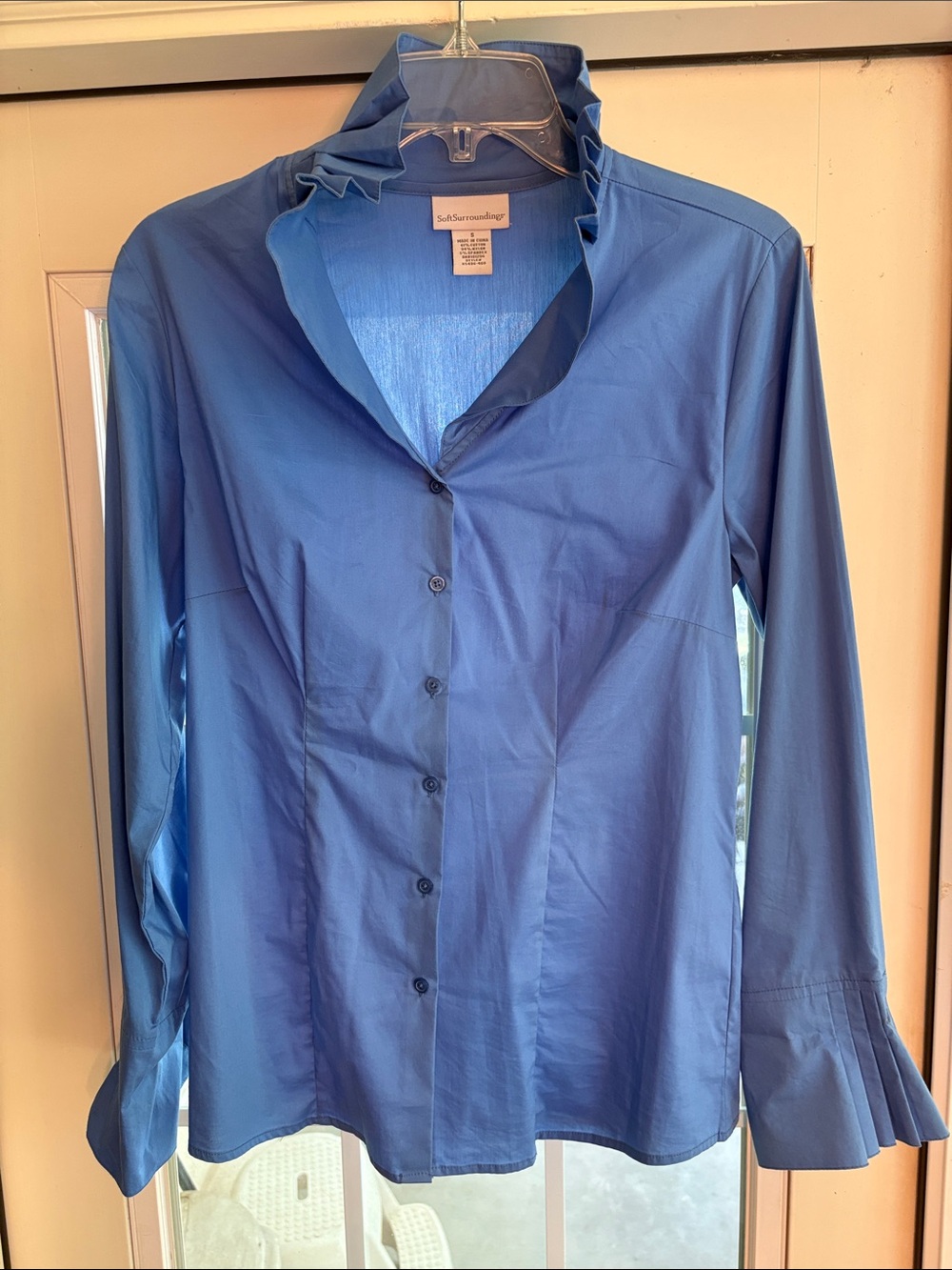 Soft Surroundings Blue Ruffled Stand Up Collar Button-Up Blouse